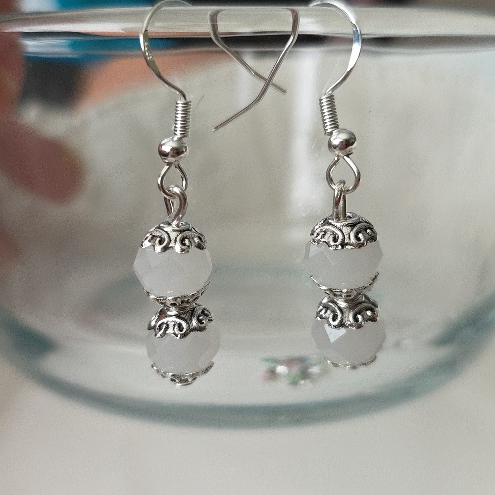 WHITE FACETED Glass Beaded Handcrafted Artisan Earrings